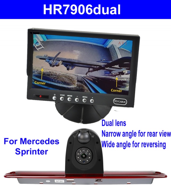 7 inch colour dash mount monitor and dual lens brake light reversing camera for Mercedes Sprinter